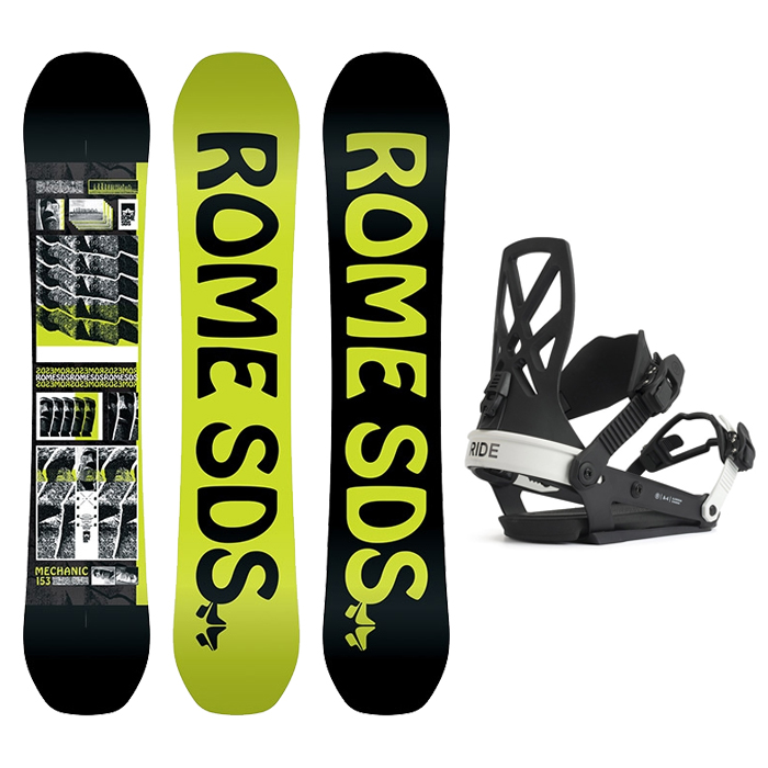 1920 ROME MECHANIC BOARD - 147 150 153 156 159 161W + 2122 Ride A-4 Snowboard Binding - Classic Black