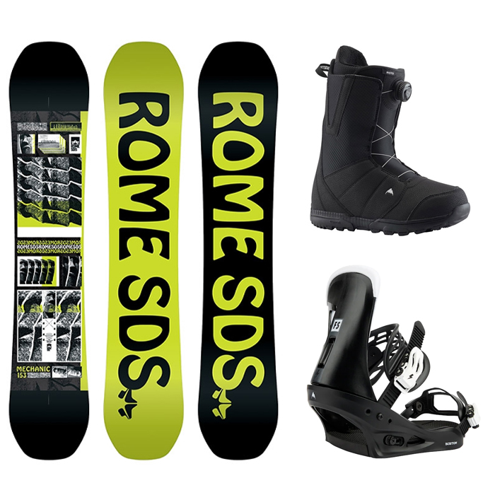 [입문 초중급 프리스타일]1920 ROME MECHANIC BOARD - 147 150 153 156 159 161W + 2223 Burton Mens Freestyle Re:Flex Snowboard Bindings - Black  + 2223 Burton Mens Moto BOA® Snowboard Boots - Wide - Black