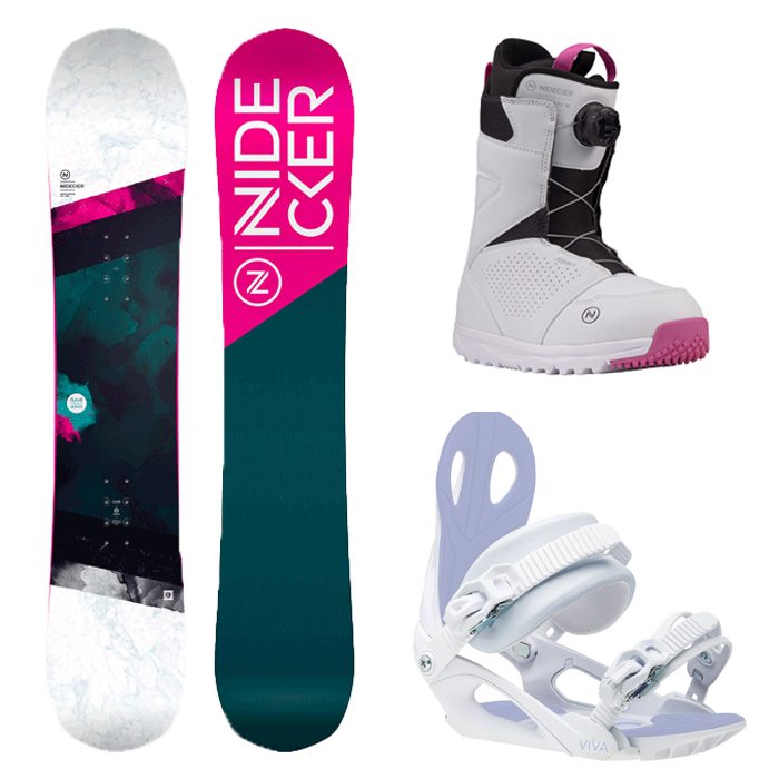 [여성용 올라운드] 2223 Nidecker Micron Flake Snowboard - 135 140 145 + 2223 Roxy Viva Snowboard Binding - White + 2223 Nidecker W Cascade Boots - White