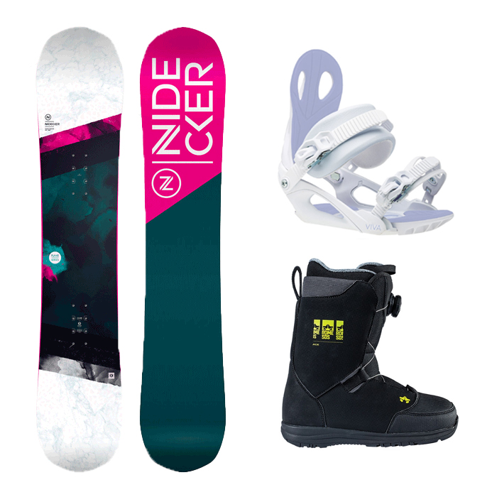 2223 Nidecker Micron Flake Snowboard - 135 140 145 + 2223 Roxy Viva Snowboard Binding - White + 2223 Rome Ace Snowboard Boot - Black