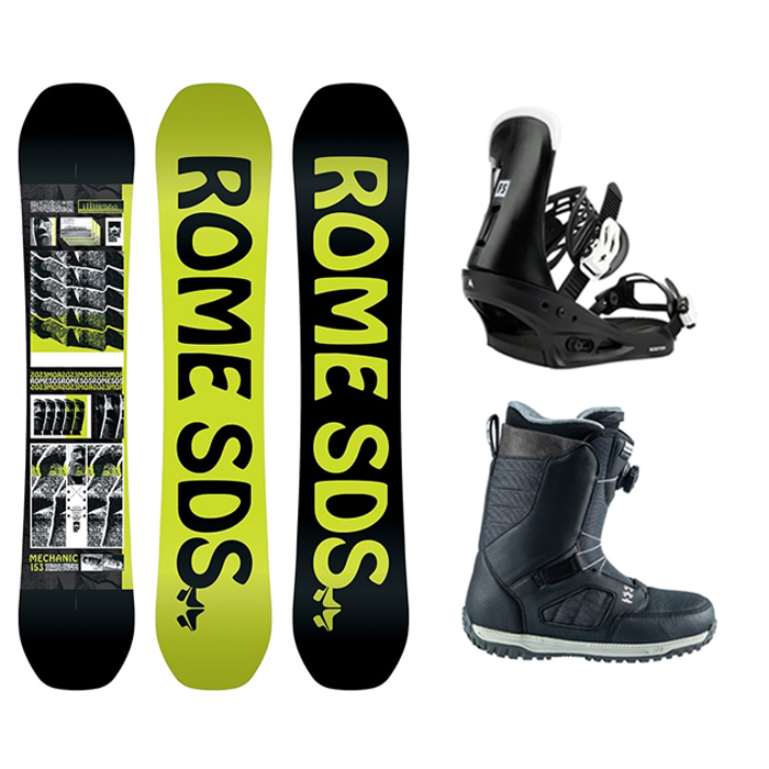 1920 ROME MECHANIC BOARD - 147 150 153 156 159 161W + 2223 Burton Mens Freestyle Re:Flex Snowboard Bindings - Black + 2223 Rome Stomp Boa Snowboard boots - Black