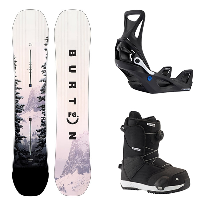 2223 Burton Kids Feelgood Smalls Snowboard + 2223 Burton Kids Step On® Re:Flex Snowboard Bindings - Black + 2223 Burton Kids Zipline Step On® Snowboard Boots - Black