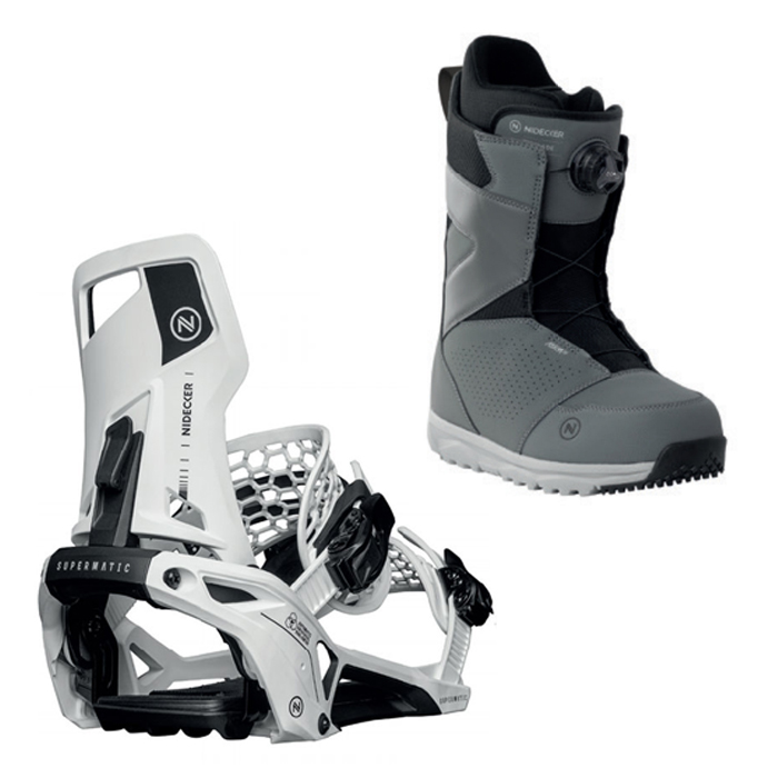 2324 Nidecker Supermatic Bindings - White + 2324 Nidecker Cascade Snowboard Boots - Gray