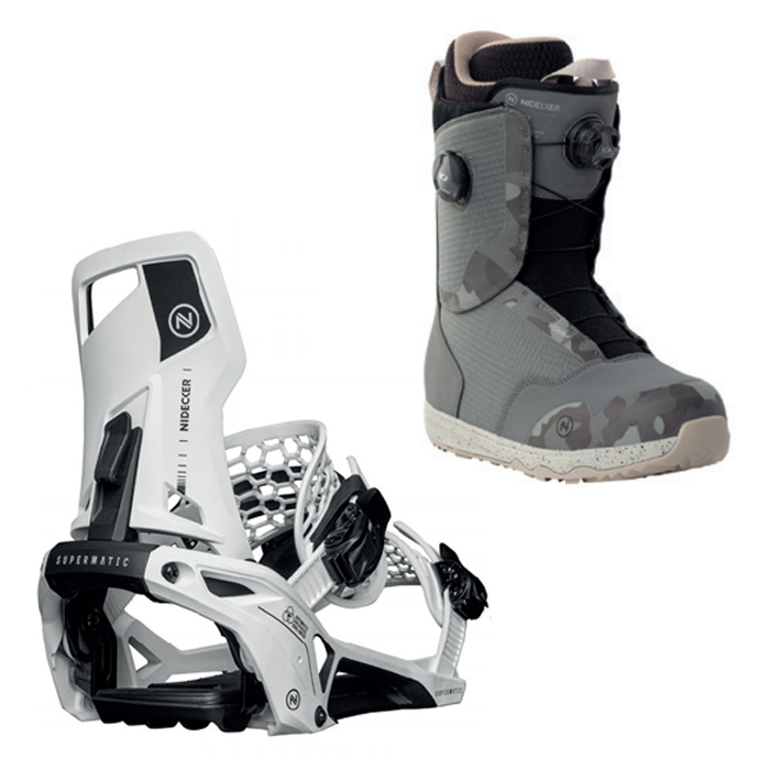 2324 Nidecker Supermatic Bindings - White + 2324 Nidecker Rift Snowboard Boots - Gray Camo (니데커 슈퍼매틱/슈퍼메틱 세트)