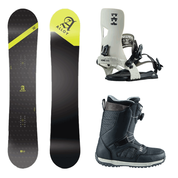 [초중급추천셋트] 2021 ALLOY OUTKOME SNOWBOARD - 152, 156 + 2223 Rome Crux Snowboard Bindings - White/blk + 2223 Rome Stomp Boa Snowboard boots - Black